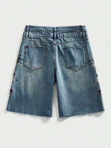 ROMWE MEN Anime Quần short denim nam dáng rộng thêu hình rồng - Màu xanh lam - Xem 3