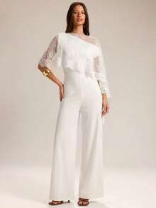 SHEIN BAE 女士白色蕾丝披肩连体裤，春夏款 - 白色 - 查看 4