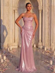Glamrae Elegant Luxury Knitted Coated Off-Shoulder U-Neck Fishbone Waist Ruched Fishtail Hem Maxi Dress, Suitable For Holiday Celebrations, Weddings, Galas, Concerts, Business Events, And Social Media Influencer Occasions - Pink - View 5