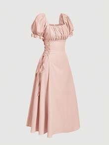 SHEIN MOD Đầm nữ màu trơn tay phồng, thắt eo, dài đến đầu gối - Màu Hồng baby - Xem 4