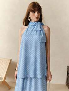 Zanirela 法式波点无袖上衣和半裙套装，适合通勤和度假 - 藍色 - 查看 8