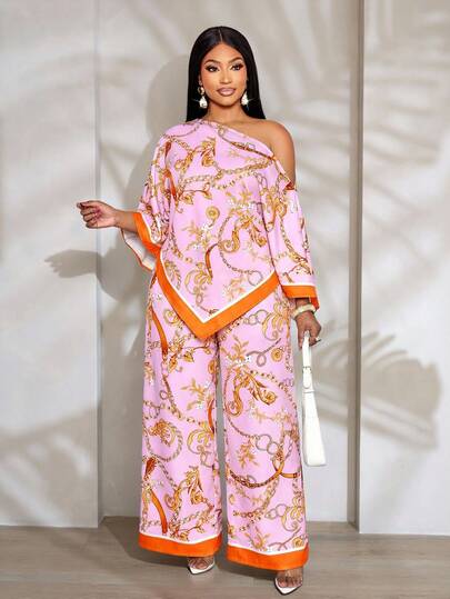 SOLERSUN Quần dài ống rộng dáng suông thời trang mùa xuân hè dành cho nữ, kiểu dáng thanh lịch, sang trọng, màu hồng cam, họa tiết dây xích, thích hợp mặc hàng ngày, đi mua sắm, hẹn hò, dự lễ hội âm nhạc. Đa năng và dễ phối với áo cùng màu.