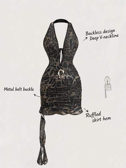 Olithes 女士深V领露背金属扣装饰豹纹性感连衣裙