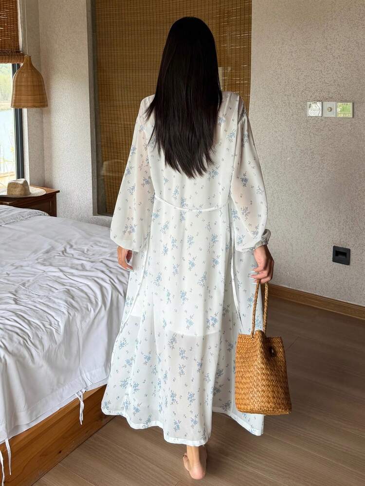 Summer Romantic Floral Chiffon Robe Set, Solid Color Camisole Nightgown Sleepwear Set For Women