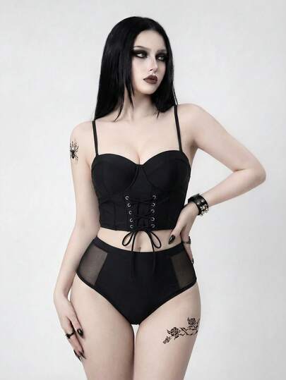 ROMWE Goth Women's Summer Fashion Criss-Cross Strap Tankini Swimsuit Set