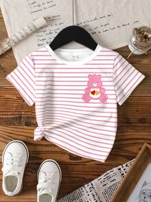 SHEIN X Care Bears 女童圆领条纹小熊印花休闲百搭日常短袖T恤 - 白色 - 查看 8