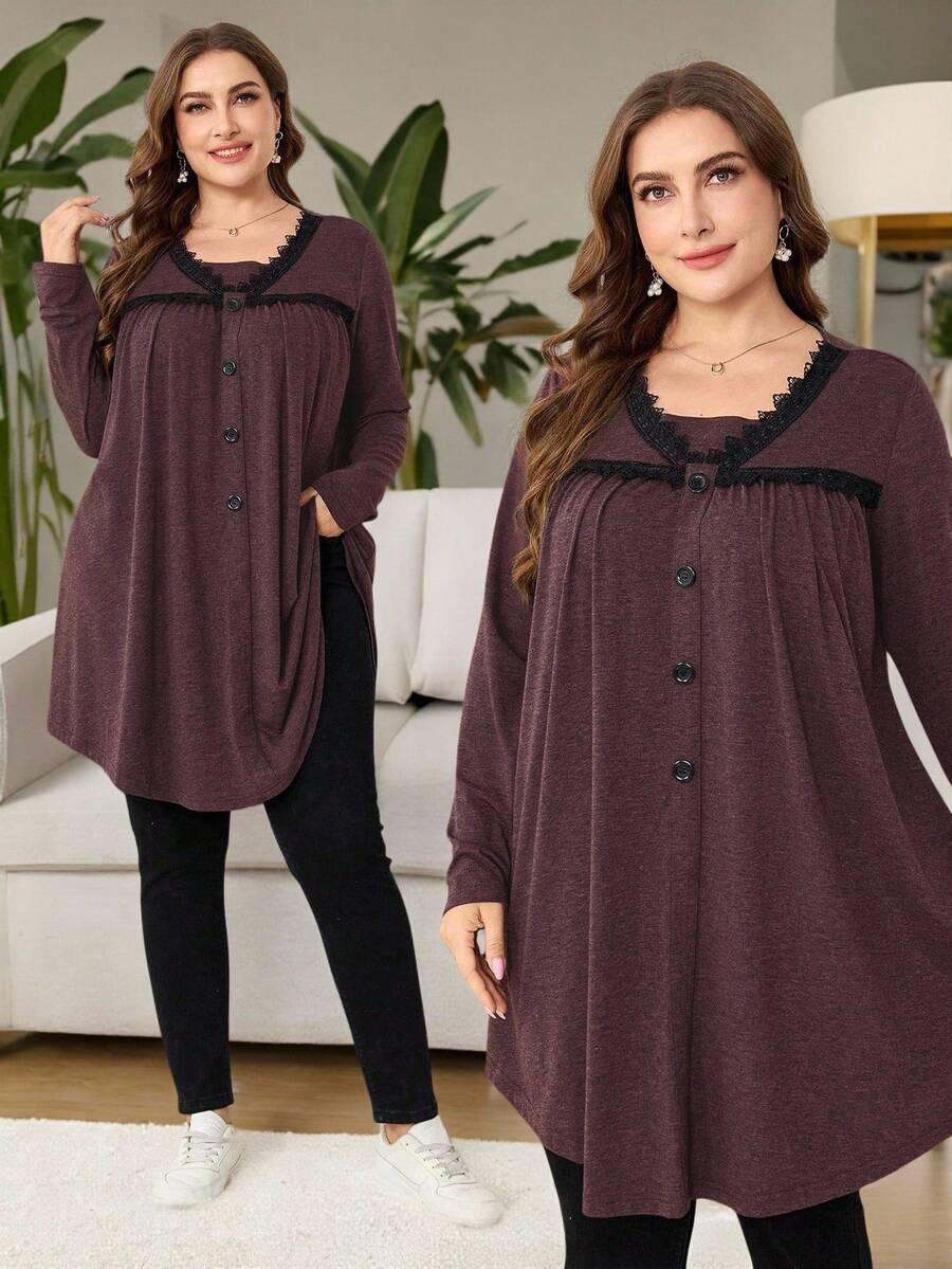 Lacomfia Women's Loose Lace Patchwork Long Tunic T-Shirt, Flattering, Casual, Versatile, Plus Size - Red - View 1