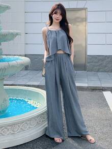 DAZY Bộ 2 món áo hai dây kiểu Hàn Quốc và quần ống rộng dành cho nữ. - Màu xanh lam - Xem 2