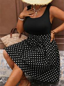 SHEIN VCAY 母亲节加大码女式休闲度假黑白波点拼接连衣裙，夏季女装，乡村风女装，锐舞派对夏季女装，沙滩裙，波西米亚风 - 黑色 - 查看 7