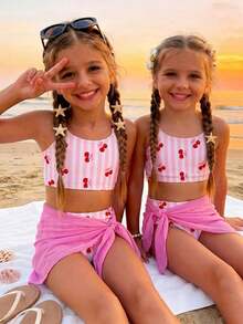 复古可爱甜美粉色条纹蝴蝶结樱桃印花图案，少女休闲简约吊带背心、三角裤、裙子三件套泳衣，适合夏季穿着 - 彩色 - 查看 3