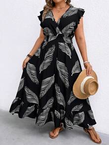 Linhara CURVE 大码女式春夏波西米亚风度假树叶印花露背吊带沙滩裙 - 黑色 - 查看 3