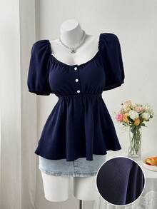 Sweetra Plus Size Women Comfortable Square Neck Textured Crinkle Fabric Short Sleeve Blouse - Navy Blue - View 7