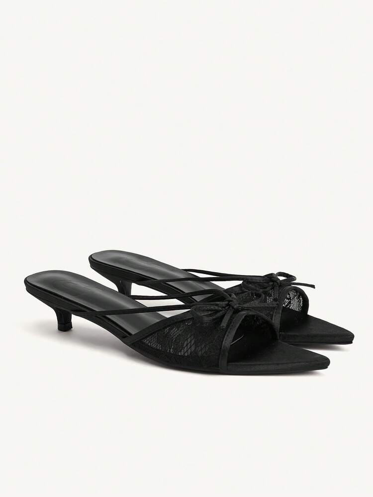 CUCCOO CHICEST Women's Black Lace Splicing Stylish Elegant Commuter Bow Decoration Heeled Sandals