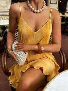 INAWLY Solid Color Casual Versatile Summer Sleeveless Dress Yellow Sexy - Yellow - View 3
