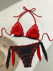 Soleia Casual Minimalist Red & Black Polka Dot Print Retro Style Women's Swimsuit Set, Suitable For Spring/Summer - Multicolor - View 2