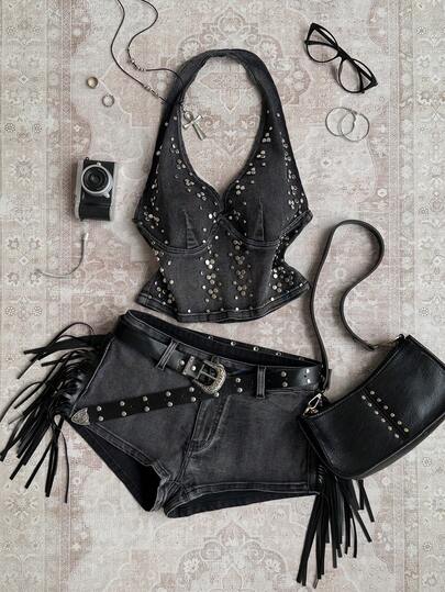 Soleia Women's Fashion Metal Decor Backless Halter Top And Denim Shorts Set, Summer