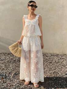 DAZY 2pcs Women Camisole Top + Loose Embroidered Wide Leg Pants Set - White - View 1