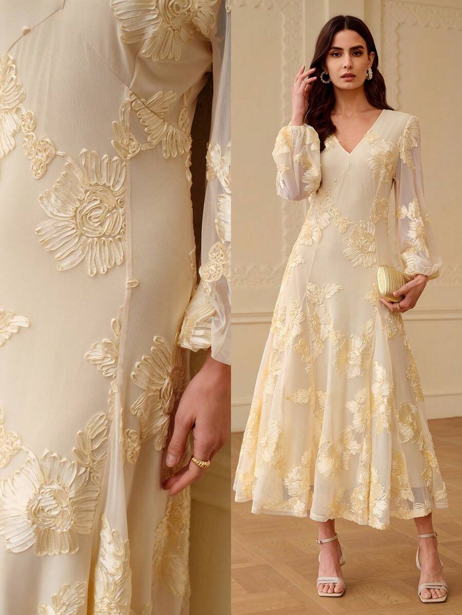 ZEYLAH V-Neck Ruched Waist Fitted Flared Hem Cutout Floral Dress, Autumn/Winter - Light Yellow - View 1