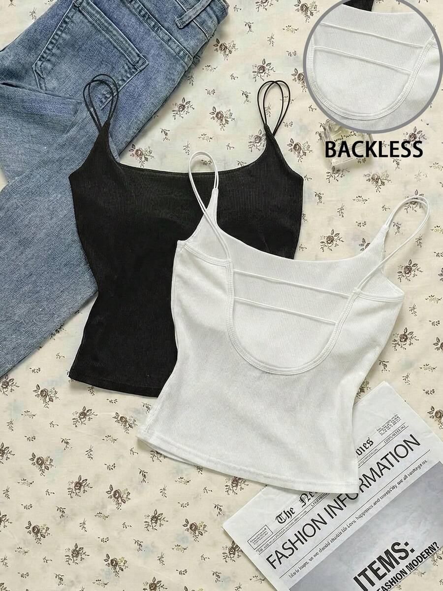 Attitoon 2pcs/Set Women's Backless Tight Camisole Set, Backless Camisole For Women's Summer Outfit,Summer Top - Multicolor - View 1