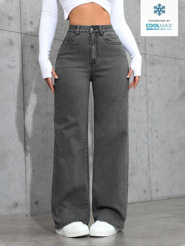 SHEIN ICON Women's Casual Everyday Washed Slant Pocket Straight Leg Jeans School Grey Summer