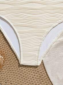 Tween Girl Solid Color Textured Ruffle One-Piece Swimsuit And Mini Skirt, Suitable For Beach Vacation, Pool Party, Beach Party - Beige - View 5