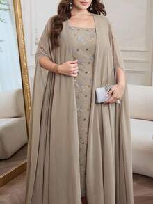 Modelyn Beige,Summer,Country,Modest,Traditional,Wedding, Al-Adha Elegant Plus Size 2-Piece Set Sequin Beaded 3D Floral Mesh Dress Chiffon Batwing Abaya Fall - Multicolor - View 7