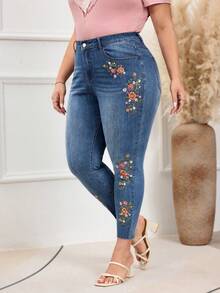 EMERY ROSE Plus Size Women's Autumn Embroidered Vintage Washed Denim Jeans Brown - Medium Wash - View 3
