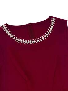 Elenzga Bộ jumpsuit không tay màu đỏ tía thanh lịch, mang phong cách Pháp cổ điển, thiết kế cao cấp, cổ tròn, đính hạt cườm, thắt eo và ống rộng giúp tôn dáng, kiểu dáng sang trọng và đẹp mắt, thích hợp mặc hàng ngày cho phụ nữ. - Màu Đỏ Sâu - Xem 6