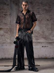 Skyrend 1 件男士美式复古嘻哈牛仔裤，高街个性化水洗阔腿休闲宽松街头风裤子，垃圾摇滚 - 黑色 - 查看 3