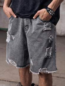 Skyrend Quần short denim sờn rách giản dị mùa xuân & hè cho nam Quần short denim trơn Quần short denim màu xám nhạt rộng thùng thình cho chồng, quà tặng bạn trai - Màu Xám nhạt - Xem 6