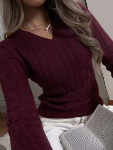 CovetEZ Áo len dài tay đơn giản cổ chữ V màu đỏ tía mùa đông cho nữ, trang phục thường ngày, áo dài tay, áo thun đi học mùa thu đông, áo len Giáng sinh - Màu Đỏ Sâu - Xem 5