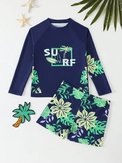 SHEIN Đồ bơi cho bé trai tuổi teen, bộ tankini dài tay in họa tiết lá cọ màu xanh dương, kiểu dáng thời trang, giản dị nhưng thanh lịch, phù hợp cho bơi lội, kỳ nghỉ hè, bãi biển, hồ bơi và các bữa tiệc ngày lễ.