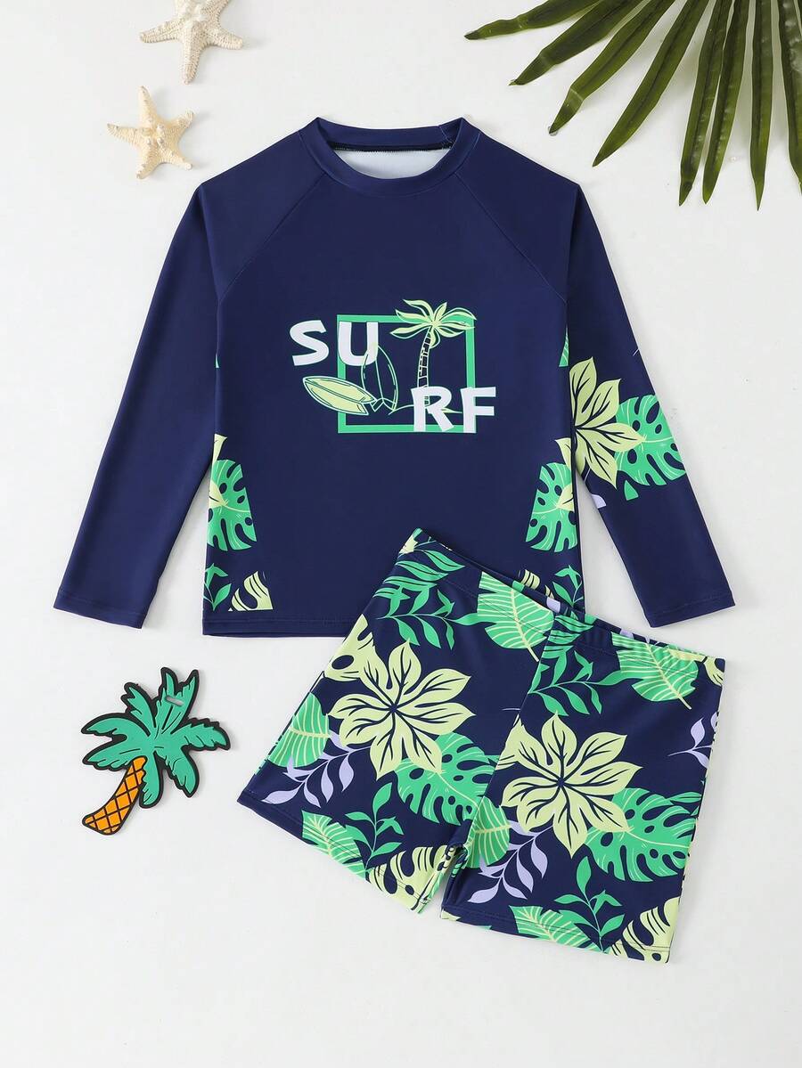 SHEIN Đồ bơi cho bé trai tuổi teen, bộ tankini dài tay in họa tiết lá cọ màu xanh dương, kiểu dáng thời trang, giản dị nhưng thanh lịch, phù hợp cho bơi lội, kỳ nghỉ hè, bãi biển, hồ bơi và các bữa tiệc ngày lễ. - Màu xanh lam - Xem 1