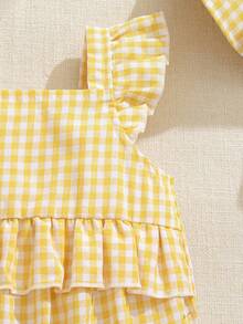 Souflis Souflis Baby Girls' Summer New Sleeveless Off-Shoulder Ruffle Trim Bodysuit With Bucket Hat - Yellow - View 7