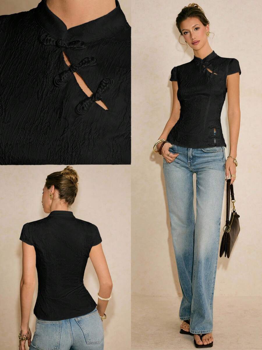 Poéselle 新款中国风束腰旗袍上衣 - 黑色 - 查看 1