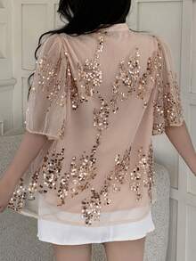 Feyla Plus Size Women Sequin Patchwork Casual Versatile Daily Wear Shirt - Baby Pink - View 5