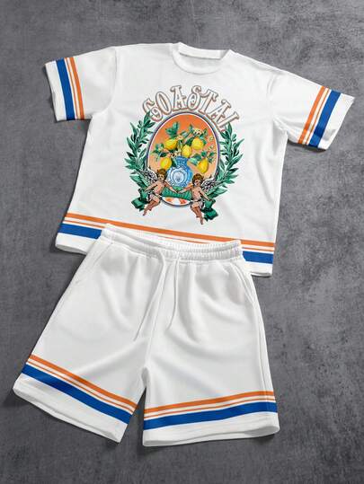 StoneGrade Conjunto de camiseta de manga corta y pantalones cortos de corte holgado con estampado de colores contrastantes, estilo retro de isla estadounidense, ideal para citas y reuniones, atuendo de moda, adecuado como regalo para el novio