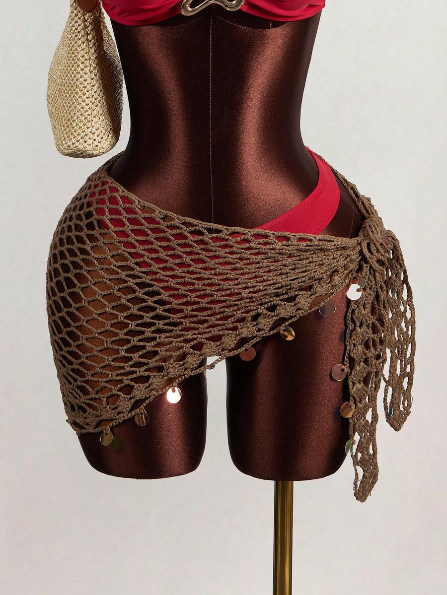 Zestiva Shiny Hollow-Out Beach Golf Wrap Triangle Scarf Cover Up For Women, Summer White Sexy - Khaki - View 1