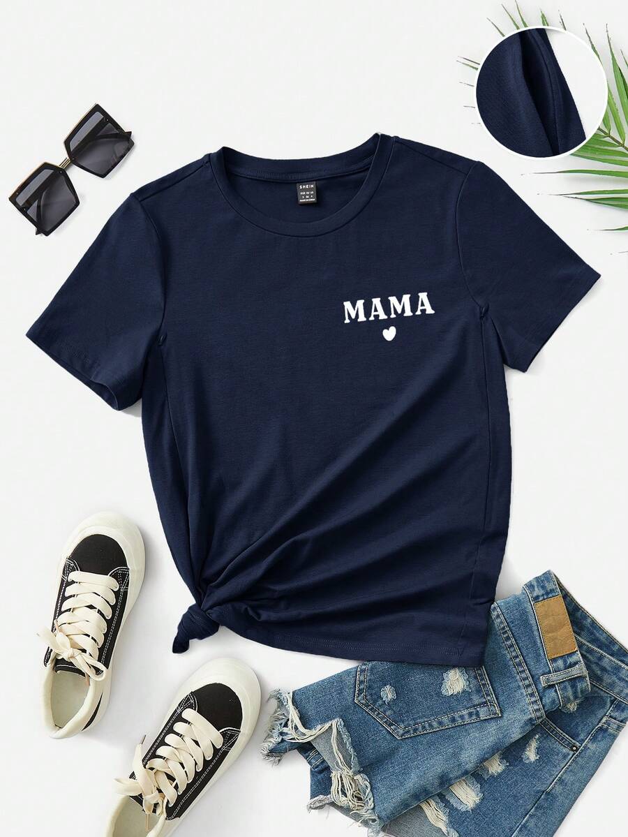 SHEIN Maternity Letter & Heart Print Round Neck Short Sleeve Casual T-Shirt - Blue - View 1