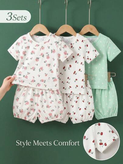Baby Girl 2pcs/Set Round Neck Short Sleeve Ditsy Floral T-Shirt And Matching Casual Ditsy Floral Shorts, Comfortable And Fashionable Outfit For Everyday Wear