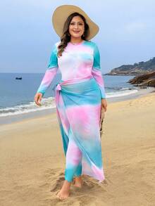 Swim Shayni 3pcs Plus Size Set: Printed Knit Top With Zipper, Solid Color Pants, And Long Skirt - Multicolor - View 3