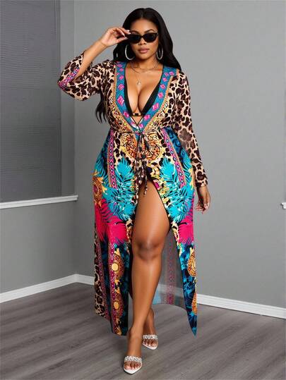 Maweii Plus Size Leopard Print Sheer V-Neck Summer Sexy Robe