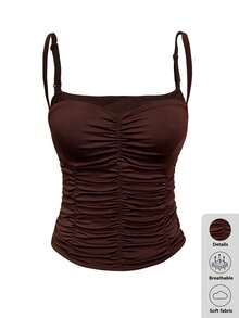 INAWLY Camiseta de tirantes ajustada con fruncido de unicolor para mujer - Café integral - Ver 3