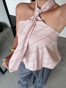 POPSWAY 条纹印花露背吊带系带宽松上衣，优雅大方，适合度假、外出穿着，露肩设计，无后背。 - 彩色 - 查看 5