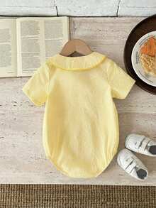 SHEIN Bộ áo liền quần tay ngắn cổ Peter Pan kẻ sọc xanh trắng dễ thương kiểu Anh cho bé trai/bé gái sơ sinh, thích hợp cho mùa xuân/hè. - Màu vàng - Xem 2