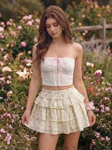 Sweetness Women's Vintage Ditsy Floral Ruffled Hem Low Waist Mini Skirt, Textured Fabric For Vacation - White - View 7