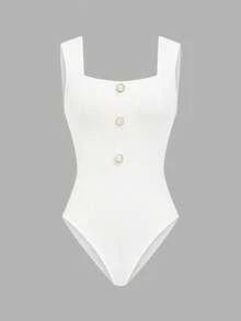 Elenzga Women's Solid Color Button Design Bodysuit, Suitable For Beach Vacation In Summer - White - View 3