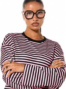 SUMWON WOMEN 女士宽松长袖条纹T恤休闲圆领套头衫粉黑横条纹秋冬宽松版型 - 彩色 - 查看 4