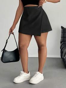 SHEIN PETITE CURVE Plus Size Women Solid Color Asymmetric Hem Casual Midi Skirt - Black - View 4
