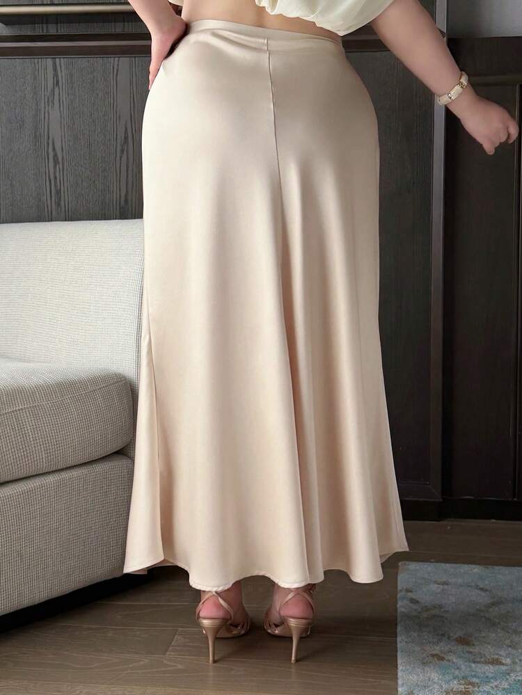 Dazy Plus Satin Fabric Fitted Elegant Versatile Pleated Long Skirt, Suitable For Commuting, Plus Size Women, Spring/Summer